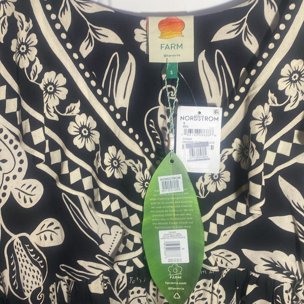 FARM RIO NWT Black & White Graphic Tropical Floral Bird Printed Ruffle Dress S - Picture 9 of 9
